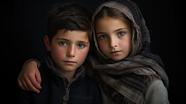 portrait studio d'un gar&ccedil;on et d'une jeune fille qui sont fr&egrave;re et soeur