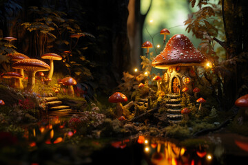 Miniature fairy house in amanita muscaria mushroom. Fairy tale mushroom house in the middle of a...