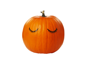 PNG, Pumpkin with eyelashes and white flowers, isolated on white background