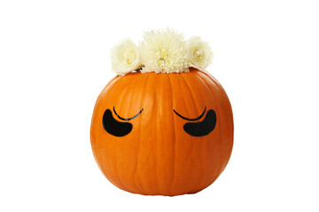 PNG, Pumpkin with eye patches and white flowers, isolated on white background