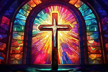 Illustration in stained glass style with cross on the background of the stained glass window - obrazy, fototapety, plakaty