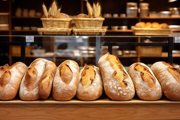 Freshly Baked French Bread Loaves in a Bakery Shop - obrazy, fototapety, plakaty
