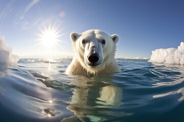 Polar bear in the water - obrazy, fototapety, plakaty