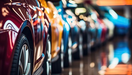 Obraz premium Colorful Cars Lined Up in Glowing Dealership Display