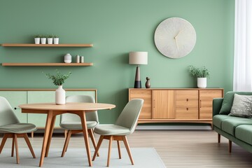 Chairs and wooden table in green Scandinavian-inspired living room