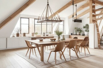 Dining table and chairs in attic with wood beams. Scandinavian interior design of modern dining room