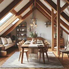 Fototapeta na wymiar Dining table and chairs in attic with wood beams. Scandinavian interior design of modern dining room