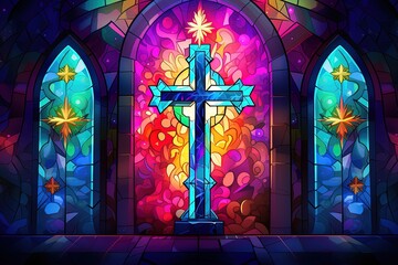 Illustration in stained glass style with cross on the background of the stained glass window - obrazy, fototapety, plakaty