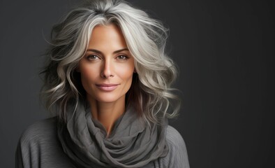 Fototapeta premium Elegante mittelalte Frau mit grauen Haaren vor modernem grauem Hintergrund - Perfekt für Kosmetik, Hairstyling, Lifestyle und Modekonzepte