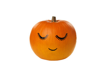 PNG, Pumpkin with eyelashes and white flowers, isolated on white background