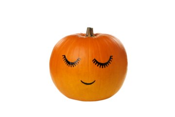 PNG, Pumpkin with eyelashes and white flowers, isolated on white background