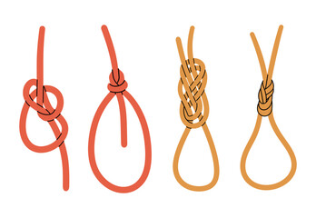 Ropes tied into different sea knots set. Hand draw vector illustration