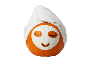 PNG, Pumpkin with face mask and towel, isolated on white background