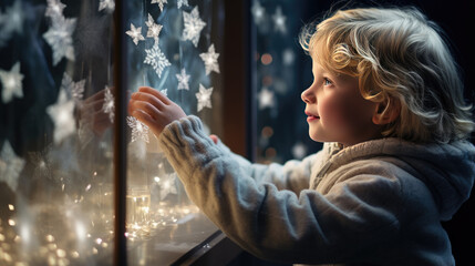 The child glues snowflakes on the windows. Home decoration for Christmas. - Powered by Adobe