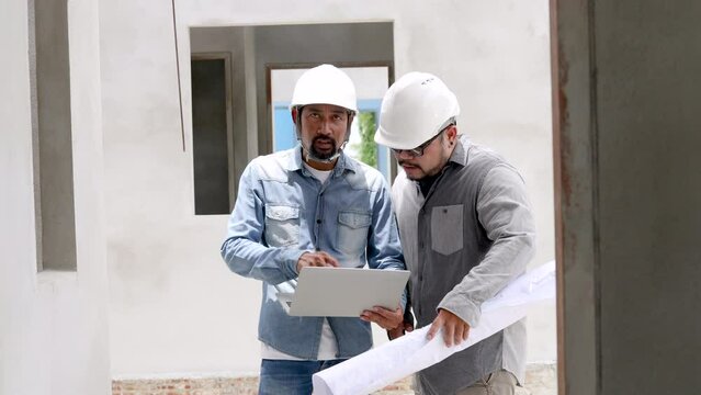 4K Asian engineering foremen working reading blueprint on construction site, middle-aged Indian contractor male discuss using laptop technology with young architect man wearing helmet, men at work
