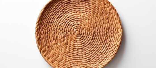 Overhead view of circular woven placemat on white backdrop - obrazy, fototapety, plakaty