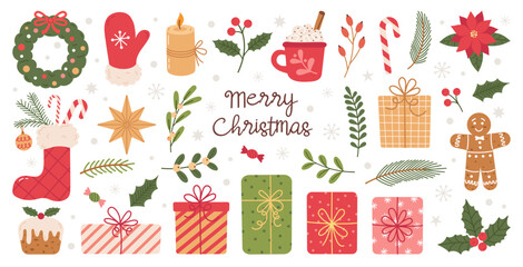 Set of Christmas hand drawn decorations.  Wreath, Holly, gifts, branches spruce, red berries, christmas stocking, cup cacao. Perfect for scrapbooking, greeting card, party invitation, stickers.