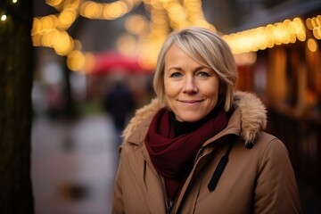 Portrait of an attractive mature woman in a city street with Christmas lights in the background