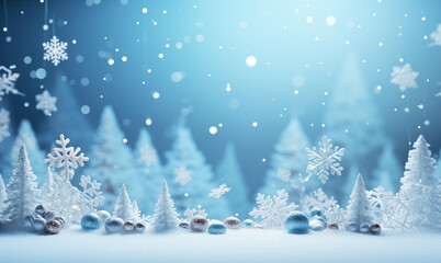 Fototapeta na wymiar Winter snow forested landscape with Christmas ornaments background. Snow fall in night sky scene.