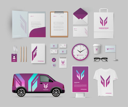 Brand Identity Mock-Up of stationery set for modern company. Business office stationary mockup for IT or tech firm. Company Car Mock-up. Advertising promo elements. Editable vector template.