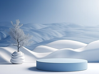 Winter sale product banner, podium platform, forested landscape and snow background