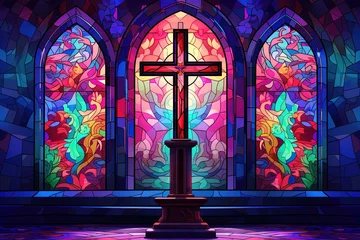 Rideaux occultants Coloré Illustration in stained glass style with cross on the background of the stained glass window