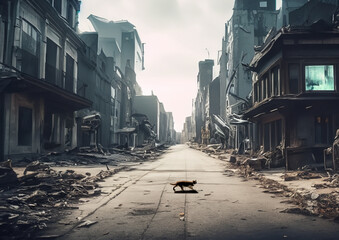 Ville détruite avec un chat qui traverse la rue  - obrazy, fototapety, plakaty