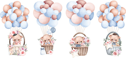 Watercolor illustration set of Teddy bear and balloons