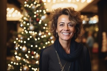 Portrait of happy mature woman with christmas tree in the background