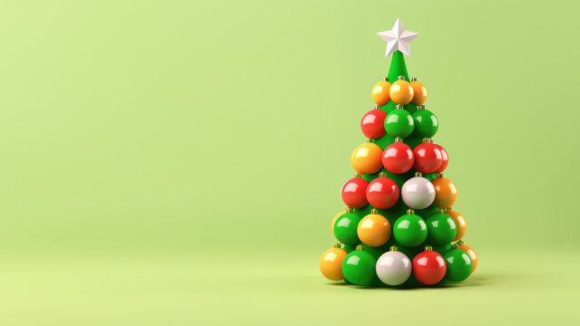 3d Christmas tree isolated on green background. Merry Christmas and Happy New Year concept.