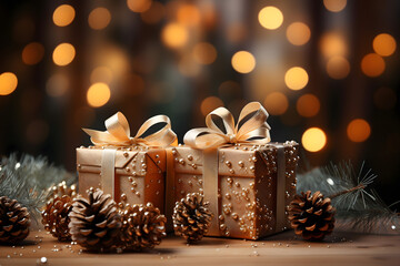 christmas tree decorations, santa claus with gifts, snowman in the snow, christmas gift boxes	