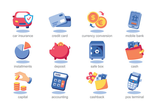 Icon set banking in flat cartoon style. These elements, ranging from money bags to ATMs, are perfect for adding lighthearted touch to banking websites and educational resources. Vector illustration.