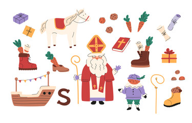 Sinterklaas holiday elements in doodle style. Saint Nicholas, little piet, cute horse, ship, cookies and carrots in shoes, gift boxes, drawing in boot. Chocolate letter. Vector illustration set.