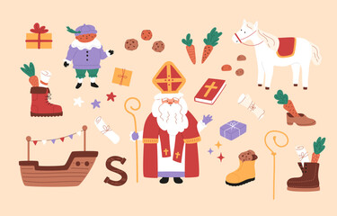 Sinterklaas holiday elements. Saint Nicholas, cute horse, little piet, ship, cookies and carrots in shoes, gift boxes, paper roll. Chocolate letter and decorative stars. Vector illustration.