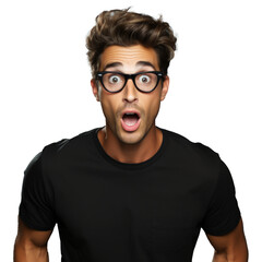 Shocked and Surprised Expression Man, or Excited and Amazed Guy in Eye Glasses. Close up high quality photography lifestyle stock photo style. Great for YouTube Video images.