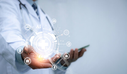 Medical worker holding virtual medical revolution and advance of technology Artificial Intelligence,AI Deep Learning for medical research,Transformation of innovation and technology for future Health
