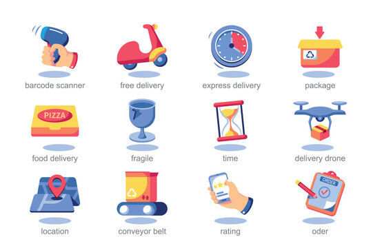 Icon set delivery in flat cartoon style. Image show all: from smiling delivery personnel to cute packages, these icons add approachable vibe to delivery-related content. Vector illustration.