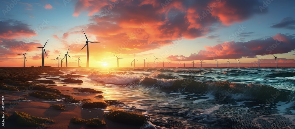 Wall mural Renewable energy wind turbines along the Dutch shore against a vibrant sunset wallpaper showcasing an industrial scene