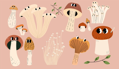 Cartoon different edible mushrooms characters set. Vector hand draw illustration. © Aliaksandra