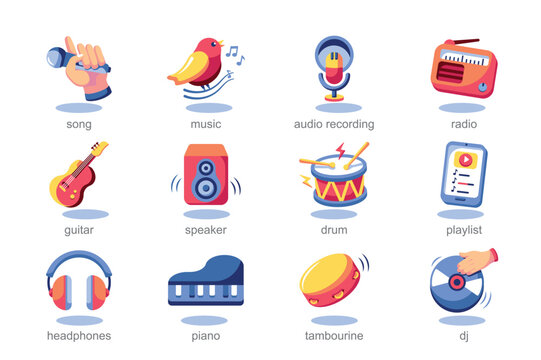 Icon set music in flat cartoon style. The various elements that make up music are depicted in a vibrant, colorful style in this picture. Vector illustration.