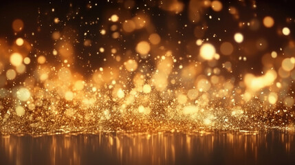 Obraz premium Gold glitter particles, shining gold sparks wave background. Gold glow and shimmering sparkles shine on a black background. Generative Ai