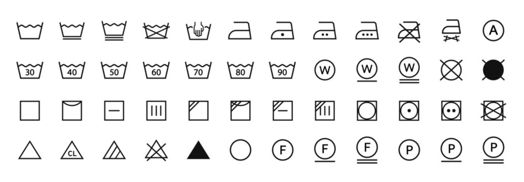 Laundry & Washing icons set. Washing symbol. Laundry signs. Hand and machine wash symbols. Vector