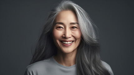 Beautiful aging mature asian woman with long gray hair and happy smiling touch face. Beauty and cosmetics skincare advertising concept. Generative Ai