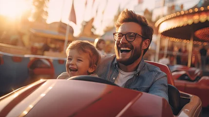 Photo sur Plexiglas Parc dattractions Cheerful father and son and have fun while driving a bumper car in an amusement park. Generative Ai