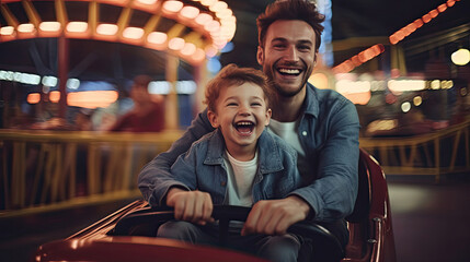 Cheerful father and son and have fun while driving a bumper car in an amusement park. Generative Ai