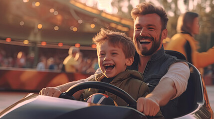 Cheerful father and son and have fun while driving a bumper car in an amusement park. Generative Ai - obrazy, fototapety, plakaty