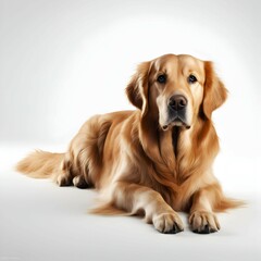 Close up view of golden retriever dog sitting in white background studio backdrop 