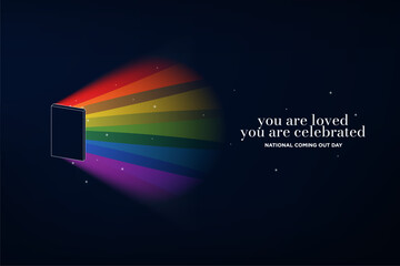 National Coming Out Day Banner. LGBT Rainbow Color Light Shining from an open door with soft glow and sparkles. You are loved, you are celebrated text. Vector Illustration.