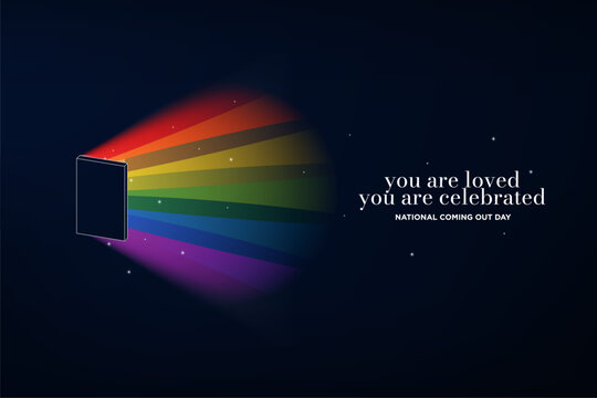 National Coming Out Day Banner. LGBT Rainbow Color Light Shining from an open door with soft glow and sparkles. You are loved, you are celebrated text. Vector Illustration. - Powered by Adobe
