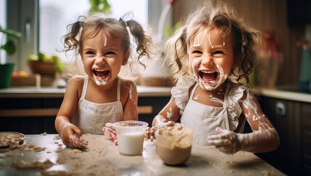 Naklejki Twin sister cooking and playing with flour in the kitchen background.